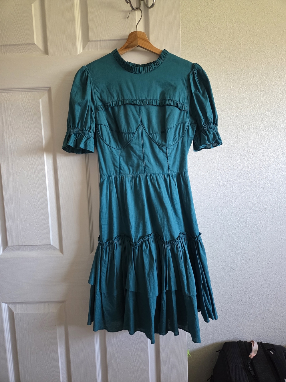 Ivy City Co Teal Puff-Sleeve Ruffle Midi Dress